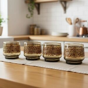 4 Smoke Brown Low ball Tumblers Culver Style Gold Copper Enamel‎ Glasses